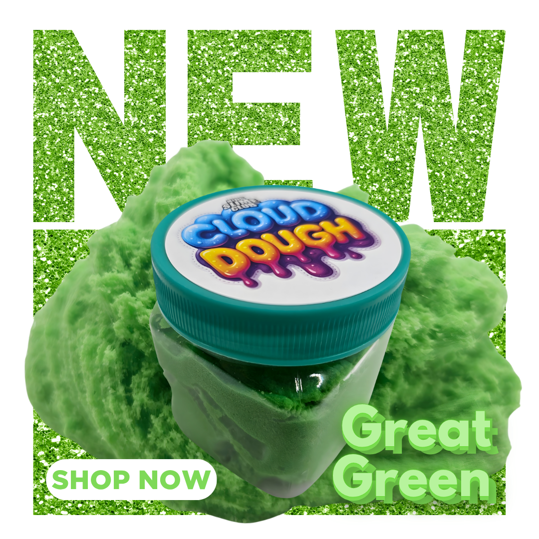Introducing Our New Pretty Great Green Cloud Dough Slime. You'll Love Our Drizzle! Order Now At www.KidsSlimeClub.com