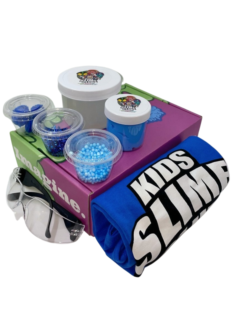 Kids Slime Club Bold Blue Get Slimy Box | The Ultimate Slime Lovers Experience | Super Soft Cloud Slime 2.0 | X-Large Slime With Color Matching Toppings To Mix In | Safety Glasses | Mess-Free Fun For Ages 2 And Up | Visit Our Online Slime Shop At www.KidsSlimeClub.com | Download Our Free Mobile App Available On Google Play & Apple App Store